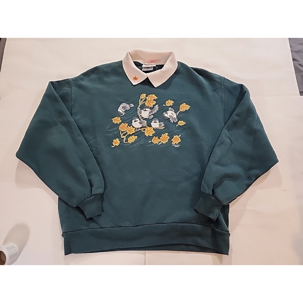 90's Vintage Morning Sun Sweatshirt Sz Lg Green Chickadee‎ Bird Peter Pan Collar